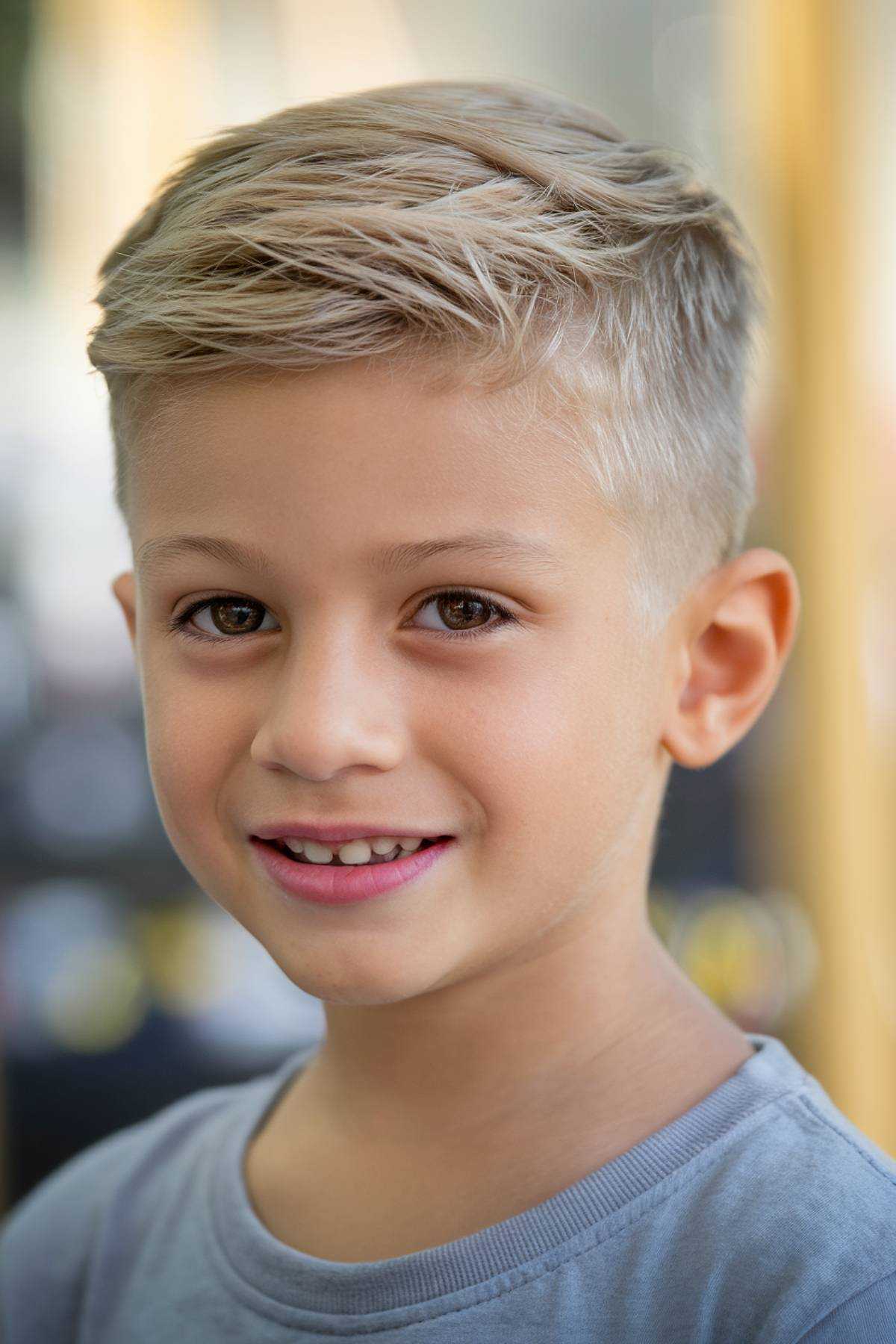 Smiling child with short blond hair wearing a gray shirt.
