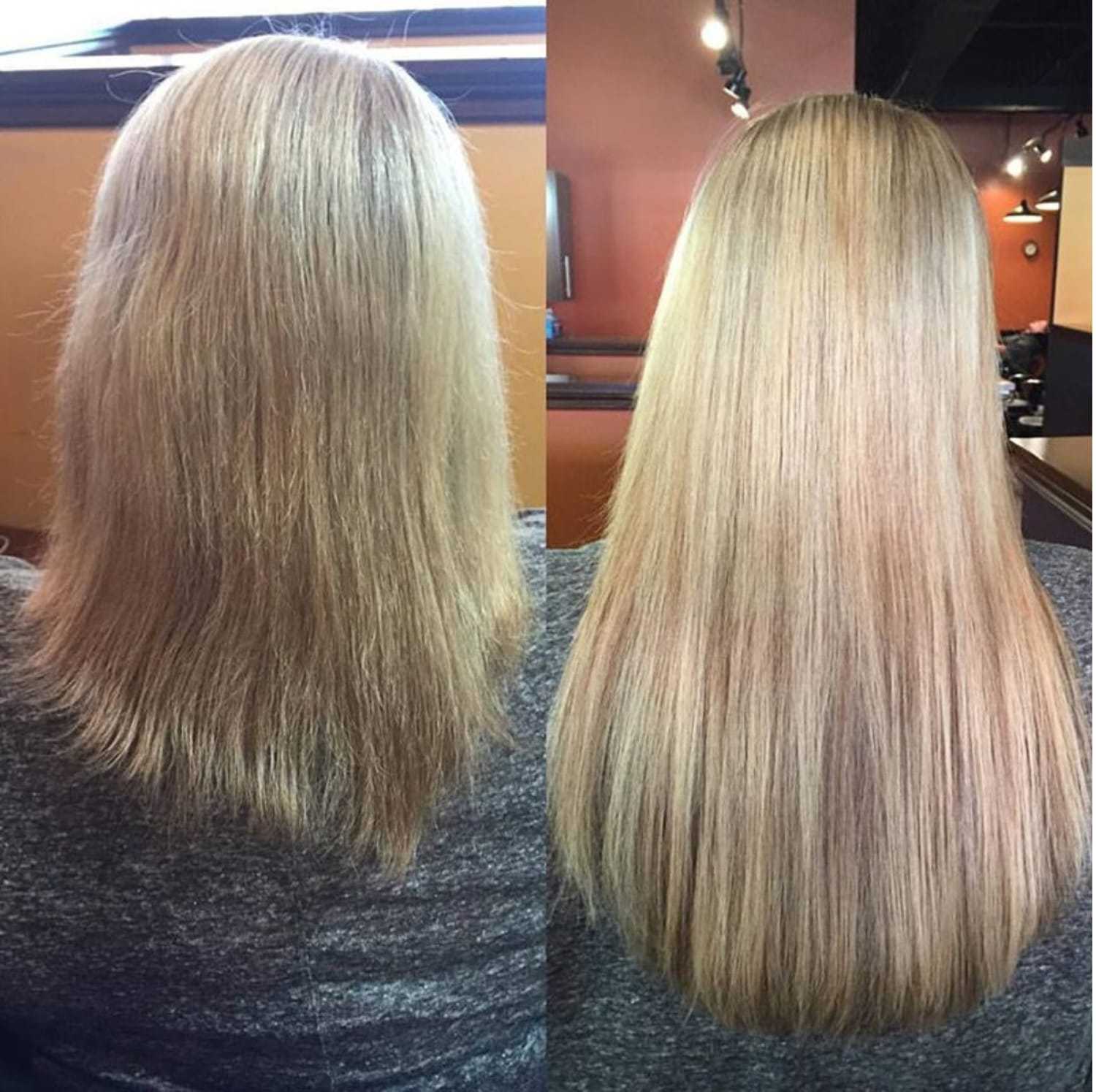 Hair transformation: before and after smoothing, showing frizzy and sleek, straight hair.