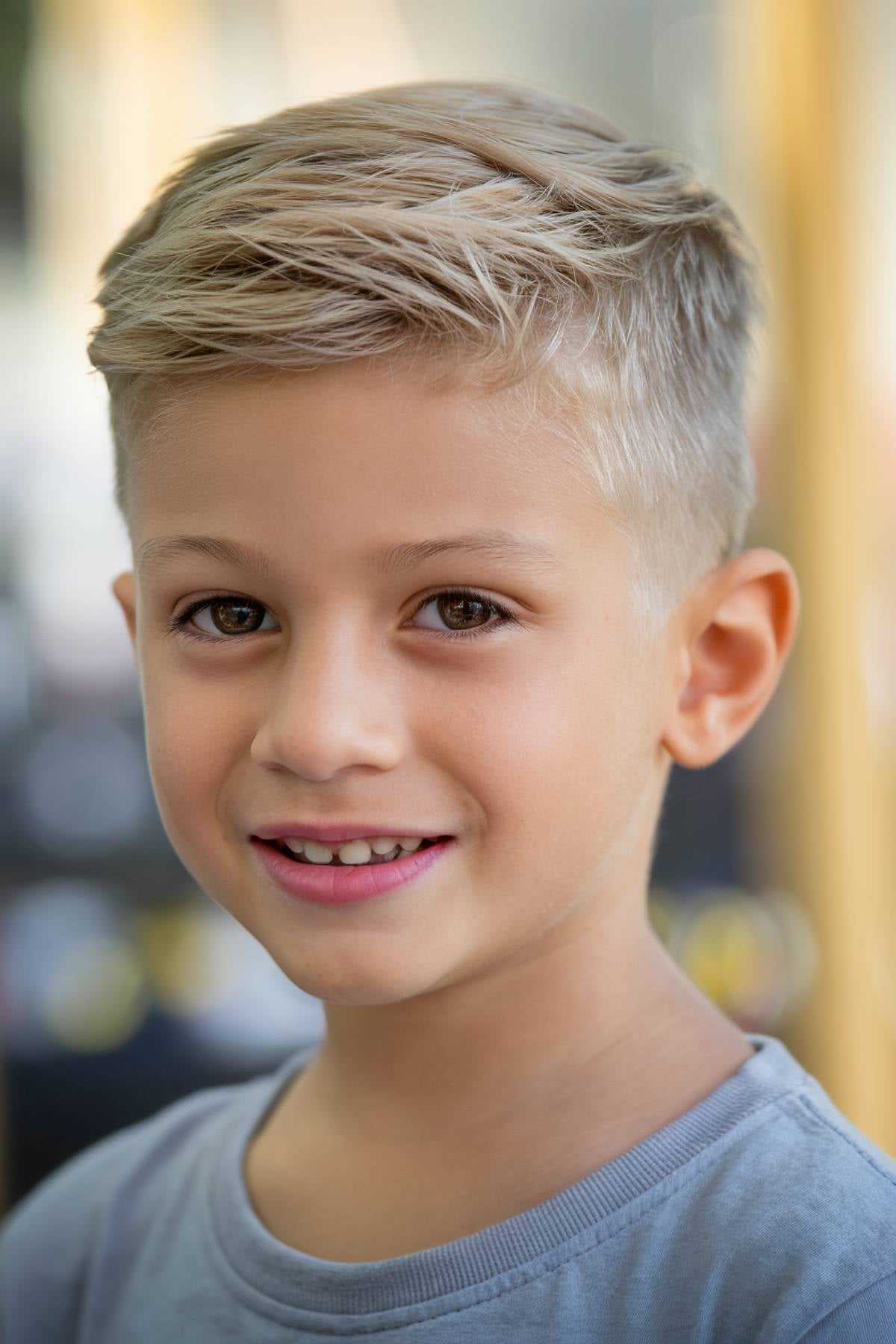 Smiling child with short blond hair wearing a gray shirt.