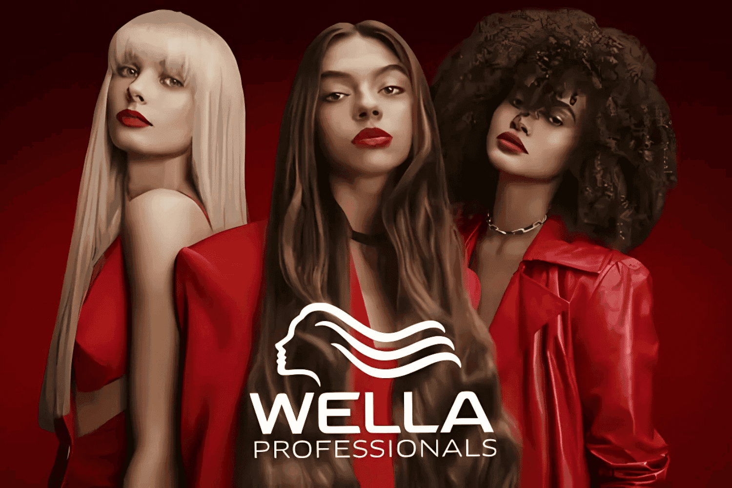Three women with diverse hairstyles and red outfits, Wella Professionals logo in the foreground.